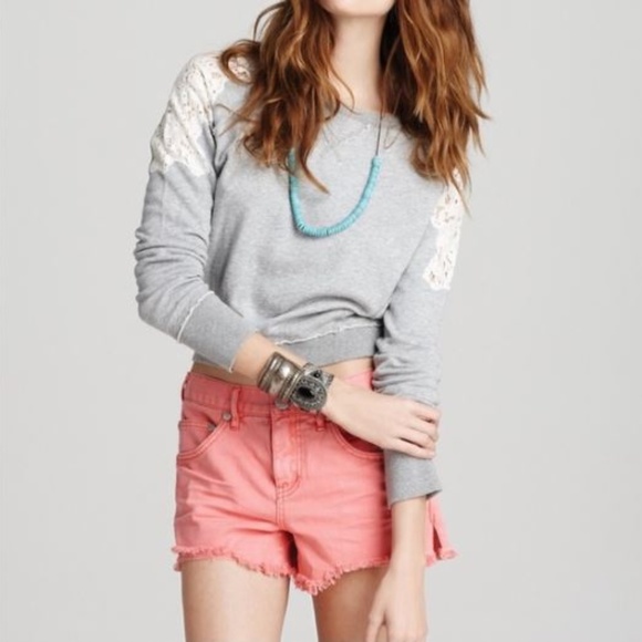 Free People Tops - Free People Lace Shoulder Sweatshirt grey